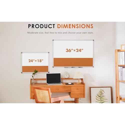 S SWANCROWN Dry Erase Board Cork Board Combo, Magnetic White Board and Bulletin Pin Board Combination,Hanging Wall Mounted Vision Board for Home, School, Office,Silver Frame,24"x18"