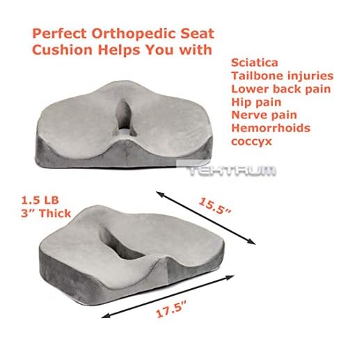 Tektrum Orthopedic Cool Gel Enhanced Seat Cushion, Gel Memory Foam Coccyx Cushion for Back Pain, Sciatica, Tailbone, Prostate, Sitting Long Hours -Office, Home, Car, Plane, Wheelchair (02NJ-Grey)