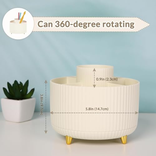 Beige SKYDUE 360° Rotating Plastic Desk Pen Organizer with 5 Slots - Office & Home