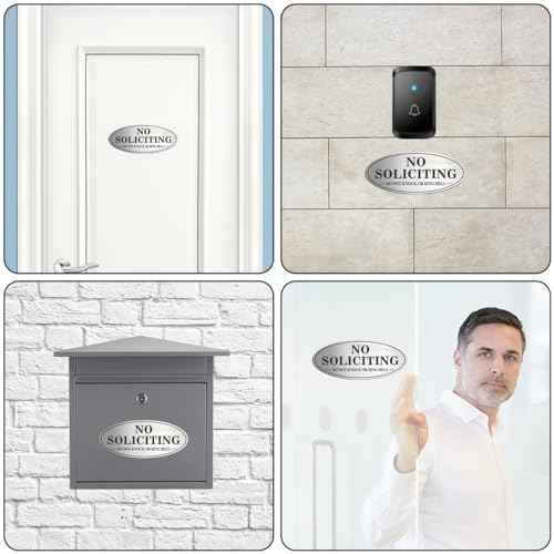 No Soliciting Sign, 2 Pack Self-Adhesive Aluminum Metal No Solitation Do Not Knock or Ring Bell Sign, 7.0 x 3.0 inches Fade Resistang Signs for Office and Home (Brushed Nickel/Black)