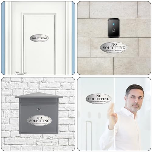 Brushed Silver & Black No Soliciting Sign - 2 Pack, Self-Adhesive Metal Door Signs, 7x3 Inches, Do Not Knock or Ring Bell, Medium
