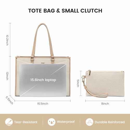 LOVEVOOK Laptop Bag for Women, 15.6 inch Laptop Tote Work Teacher Bags Cancas Computer Shoulder Bag,Canvas/Apricot Beige