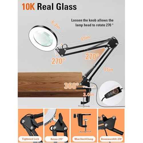 10X Magnifier Lamp with Clamp, 15" Adjustable Arm LED Desk Light with Real Glass Lens, 3 Color Modes, Bright Dimmable Lighting for Repair, Model Painting, Sewing, Reading