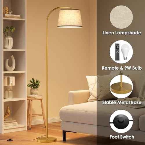Arc Floor Lamp with Remote Control,64" Modern Standing Lamp with Stepless Dimmable, 3 Colors Temperature and 350¡ÆH/180¡ÆV Rotatable Shade,Gold Arc Floor Lamps for Living Room(with 9W Bulb)