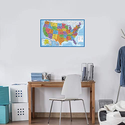 Blue Laminated World & US Map Poster Set - 18x29 inches Wall Charts - Made in USA