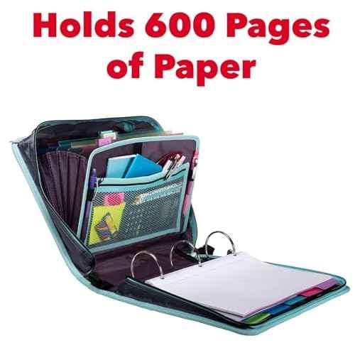 Case-it Mighty Zip Tab School Zipper Binder | 3-Inch O-Rings, 600-Sheet Capacity, 5-Subject Expanding File Folder, Multiple Pockets & Storage Organizer, Shoulder Strap | D-146 Light Blue Daisy
