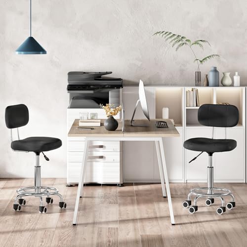 Hoobro height-adjustable rolling stool with backrest, 360° swivel drafting chair for office, salon, bar, PU leather