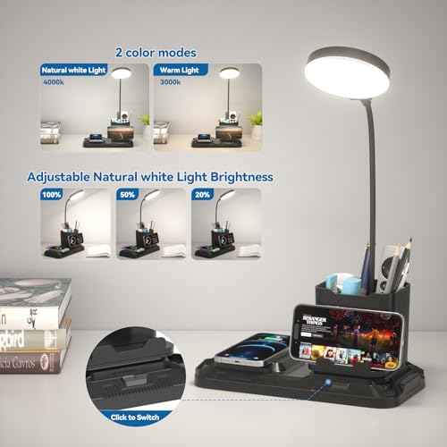 KDD 4 in 1 Desk Lamp with Wireless Charger - 360¡Æ Rotating Gooseneck Small Table Lamp with Pen Holder & Phone Stand, Adjustable White and Warm Light Dual Mode LED Desk Light for College Dorm Room