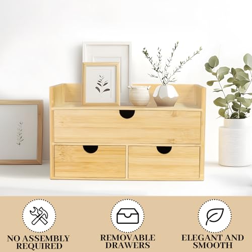 Bamboo Desk Organizer, Desktop Organizer with 3 Drawer, Tabletop Storage Organization Box for Bills, Countertop, Home Office Supplies