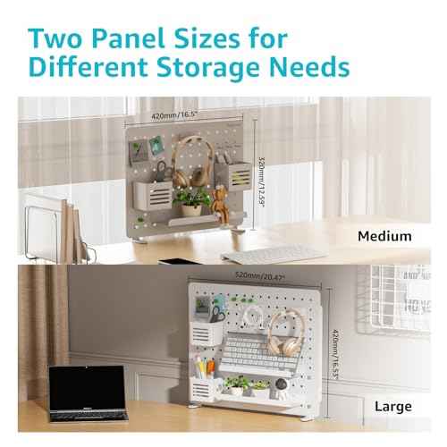 Clamp-on Desk Pegboard, Desk Organizer for Office Gaming Home, Magnetic Metal Peg Board with 10 Accessories, Privacy Panel for Office, 16.5" x 12.6", Medium, White