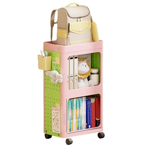 JS Ellie Pink 2-Tier Movable Foldable Large-Capacity Bookshelf with Pegboards, 360° Wheels