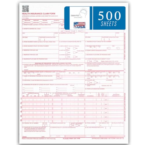 CMS 1500 Claim Forms - 500 Sheets | New Version HCFA 1500 02/2012 Revision | Laser & Inkjet Compatible Health Insurance Claim Forms for Accurate Medical Billing