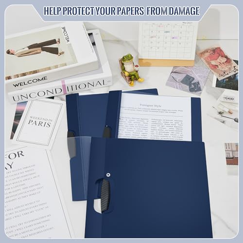 Teling 48 Pcs Report Covers with Sliding Bar Clear Plastic Presentation Folders 9.4 x 11.8 Inches Paper Binder Pocket Folder for Back to School Classroom Business Files Document Office (Navy Blue)