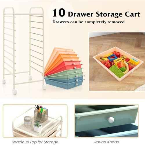 10-Drawer Rolling Storage Cart, Multi-Color, Alloy Steel Frame, Plastic Drawers, Lockable Casters
