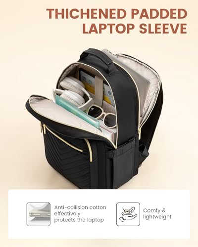 LOVEVOOK 15.6 Inch Quilted Laptop Backpack for Women with Tumbler Holder - Black