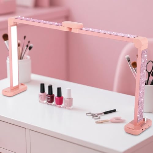 34in Half Moon Light for Nail Desk, Foldable LED Lamp for Nail Art, Tattooing, Craft Making, Stepless Dimming, 3000-6000K Color Temperature Adjustment, 456 Light Beads, Pink with Diamond