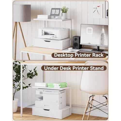 IBUYKE 2 Tier Desktop Printer Stand,Printer Table with Storage Shelf,Multi-Purpose Desk Organizer for Folders,Books,for Fax Machine, Scanner,Home Office,White TLJ015W
