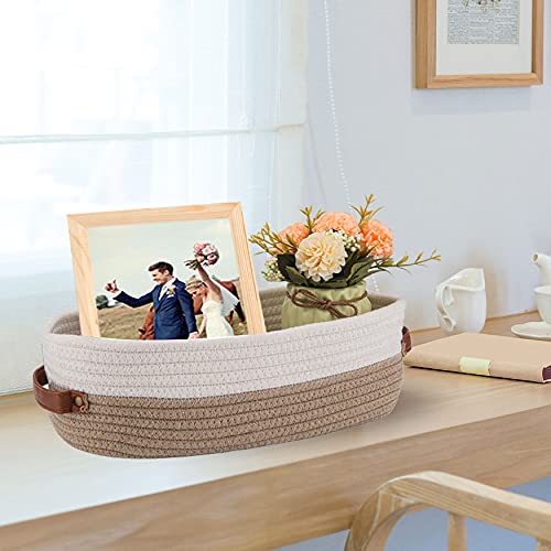 Oradrem 2 Pack Cotton Rope Bathroom Decor Basket,Toilet Paper Holder Basket,Farmhouse Home Decor Organizing Baskets 13"x5.9"x4" Brown Stitching White