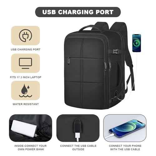 TOTWO Travel Backpack, Extra Large 55L Carry On Backpack Flight Approved with USB Charging Port, Expandable Waterproof Business Luggage Casual Bag Fits 18.4 Inch Laptops, Travel Gifts for Men Women