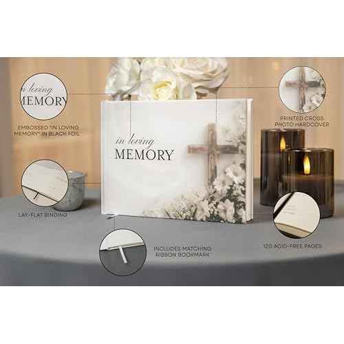 Cross Hardcover Funeral Guest Book - 9.5 x 7 Celebration of Life Guestbook for Memorial Service with 5x7 Paper Sign, Pen, Black Photo Corner Stickers
