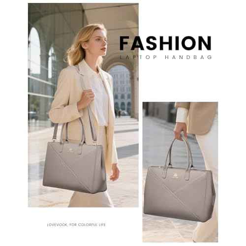 LOVEVOOK Laptop Tote Bag for Women with Large Cup Holder, 15.6 Inch PU Leather Work Bag Teacher Tote Bag, Waterproof Computer Bags Business Office Briefcase Handbag