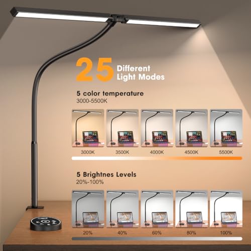 Black Pzloz LED Desk Lamp with Clamp, 24W, 5 Color Modes, Adjustable Light for Office & Home