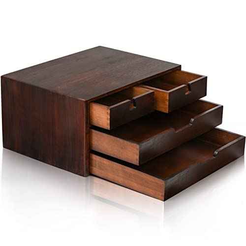 DEAYOU Bamboo Desk Organizer, 100% Natural Bamboo Desktop Drawer Organizer, Dark Brown Tabletop Storage Cabinet Organization Box with 4 Drawer for Makeup, Letter, Home, 3 Layer, Fully Assemble