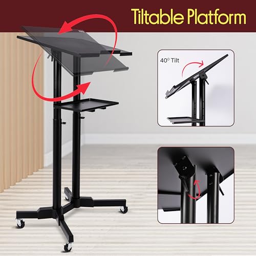 Pyle Black Lectern Podium Stand with Adjustable Height & LED Light Kit