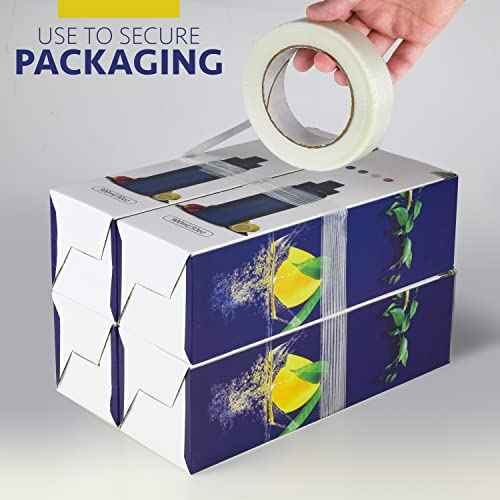 Strapping Tape 1 inch x 60 yds, (12 Pack) Fiberglass Tape Super Strong Reinforced Tear Resistant Clear Strapping Tape Holds up to 120 LB.