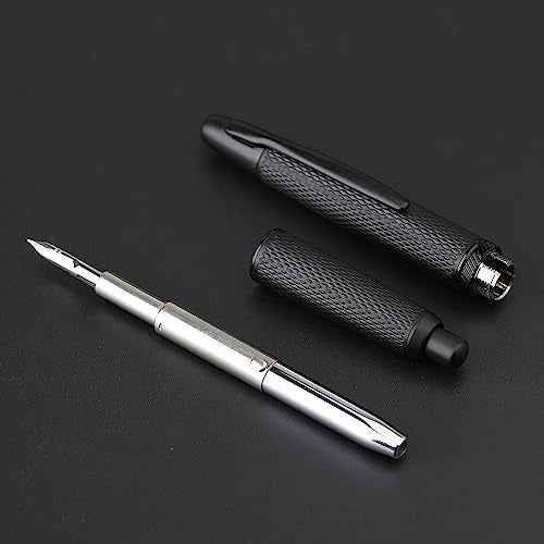 Majohn A1 Retractable Fountain Pen Extra Fine Nib with Box, Black Grid Press Pen with Converter for Writing (With Clip Version)