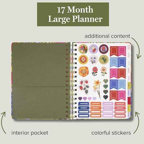 2025-2026 Large Planner Daily Weekly & Monthly, 17 Month Hardcover Agenda Dated Aug 2025-Dec 2026, Cute Planner with Stickers, Pockets, & Spiral Binding, Meadow Bouquet