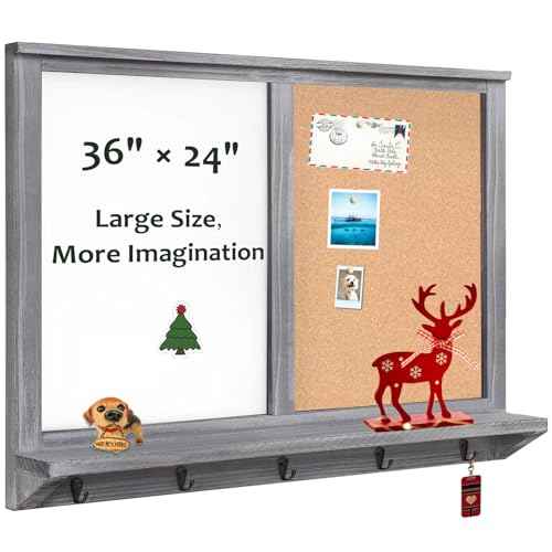 TORASO Dry Erase Board & Cork Board, Whiteboard & Bulletin Board Combo, 35.4"¡¿23.6"£¬Wall-Mounted Mail Sorter, & Key Hooks, Solid Pine Wood Vintage Gray Frame(Mail BB-GY-6090)