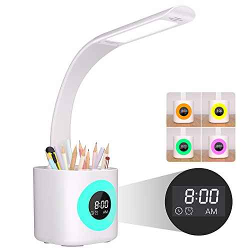 Hokone Desk Lamp for Kids, LED Desk Light for Home Office Dimmable USB Table Lamps with Clock Pen Holder Adjustable Desk Lamps with Color Night Lamp,Children's Christmas Gifts White