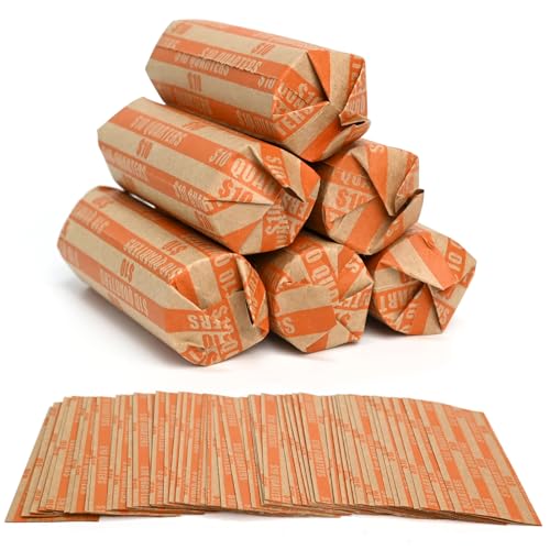 105 Pcs Orange Striped Coin Wrappers for Quarters - Flat, Heavy-Duty Kraft Paper