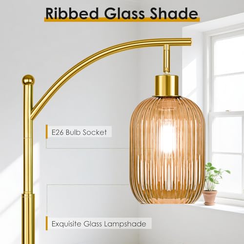 Glass Floor Lamp for Living Room, Modern Gold Standing Lamp with Ribbed Glass Lampshade Pedal Switch, 67¡± Tall Lamp for Bedroom Study Room