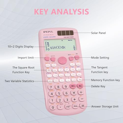 Scientific Calculators, IPepul Pink Math Calculator with 417 Function, Solar Battery Power and 4-Line Display, School Supplies for Middle High College Students Teachers (Pink 991ES Plus)