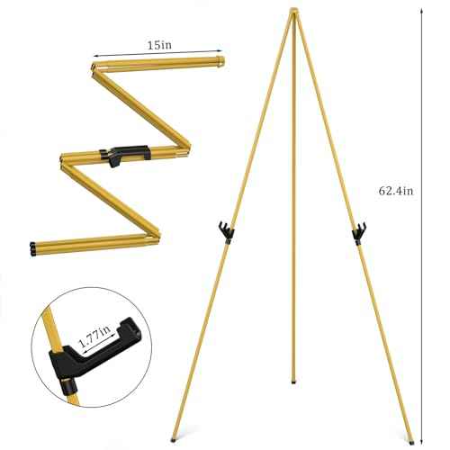 Display Artist Easel Stand - 63" Instant Tripod Collapsible Portable Floor Easel - Easy Folding Adjustable Art Poster Metal Stand for Display Show, Wedding, Painting - Gold