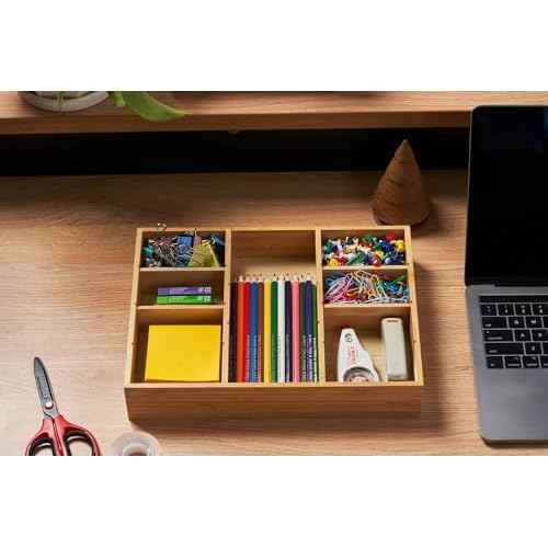 Umilife Desk Drawer Organizer, Bamboo Wood Organizer Tray with Adjustable Compartments, Office Desk Accessories Supplies Organization Storage, 12" x 9"