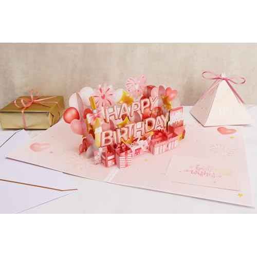Ribbli Birthday Cards, Rose Pink Pop Up Birthday Card with Light and Music for Women Mom Daughter Girlfriend Wife, 7.9 x 5.9 Inches with Envelope
