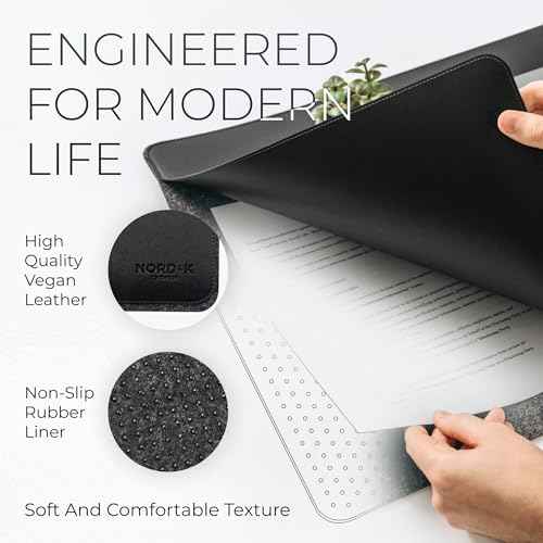 Nordik Felt and Leather Desk Mat Non-Slip - Black - 35 X 17 Inch - Felt and Vegan Leather Desk Pad - Document Organizers - Desk Blotter and Desktop Mat - Desk Protector Laptop Desk Matt for Desktop