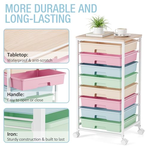TOOLF Rainbow 8-Drawer Rolling Storage Cart with wooden top — classroom, office & home organization