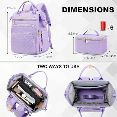 Lunch Backpack, 15.6 inch Laptop Backpack with Insulated Lunch Bag, Backpack Cooler for Women, Large Travel Backpack Lunch Box Compartment, Work Computer Backpack, Teacher College Book Bag, Purple
