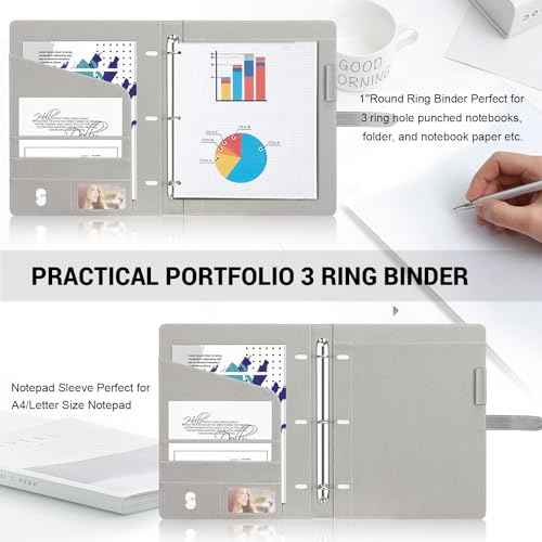 Toplive Padfolio 3 Ring Binder Organizer Business Portfolio Folder for Women, A4/ Letter Size PU Leather Portfolio Padfolio for Interview Conference Presentation, Grey