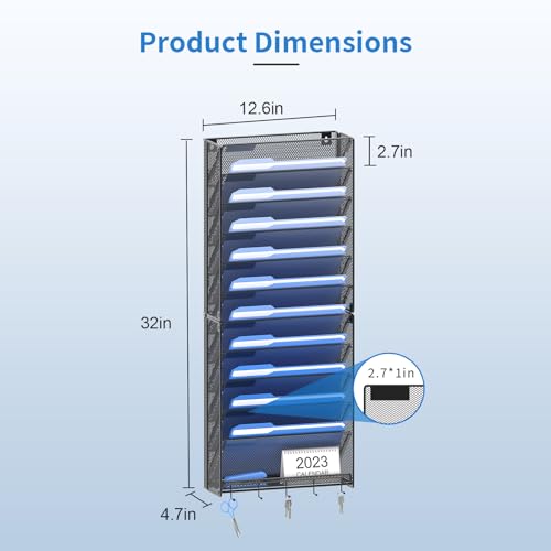 OUTWOLF 12-Pocket Hanging Wall File Organizer with Hooks - Vertical Wall Mount Office Storage