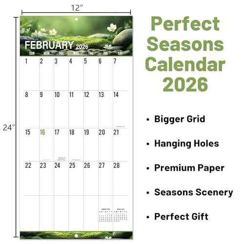 2026 Wall Calendar - Calendar 2026 with Big Grids,12" x 24" (Open), Thick Paper, Large Print Calendar 2026, 12 Pages of Natural Scenery, Best Choice for daily organization