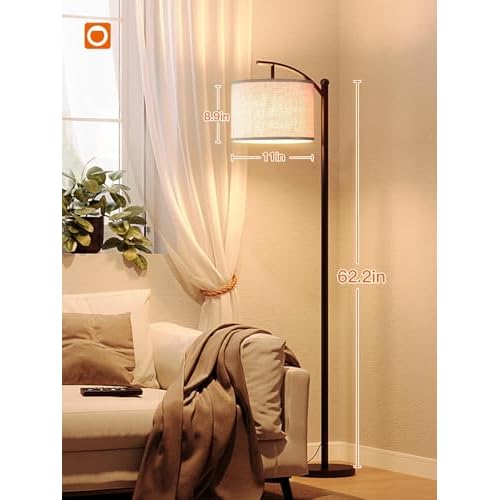 addlon Floor Lamp for Living Room with Remote, Dimmable Standing lamp with Linen lampshade for Bedroom, Office, Lamps with 9W LED Bulb Included - Black with Beige Lampshade