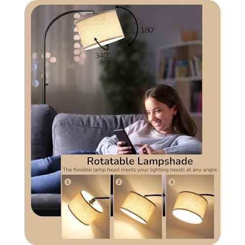 EDISHINE Black Arc Floor Lamp Dimmable, Standing Lights with Rotary Switch & Adjustable Line Lampshade, Tall Standing Lamp for Bedroom, Office, Reading Corner, A19 LED Bulb Included