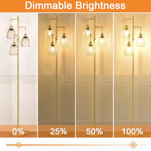 Torondo Dimmable Floor Lamp, Industrial Floor Lamps for Living Room, Gold Tree Lamp Standing Lamp Tall Lamps with 3 Elegant Teardrop Cage Head & 800 Lumens LED Bulbs for Living Room Bedroom Office
