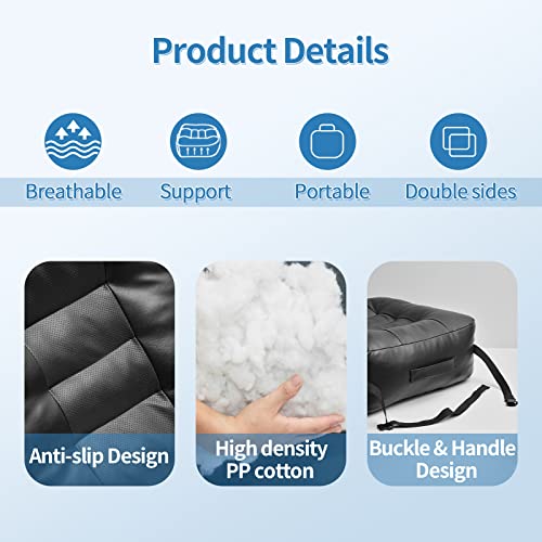 YOUFI Leather Seat Cushion Extra-Thick Booster for Office Chair to Rise Height - Full Filling for Support - with Breathable Cover, Handle and Buckle - Relieves Back Pain ? 18"x16"x6" (Black)