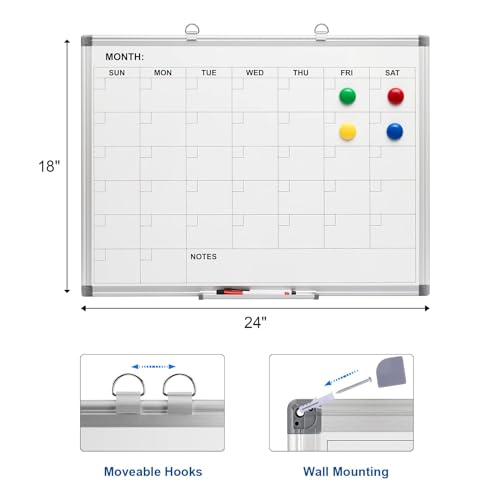 Comix Magnetic Dry Erase Calendar Whiteboard, 24 x 18 Inches Monthly Calendar Dry Erase Board for Wall, Aluminum Frame Planner White Board with Markers, Eraser, Magnets
